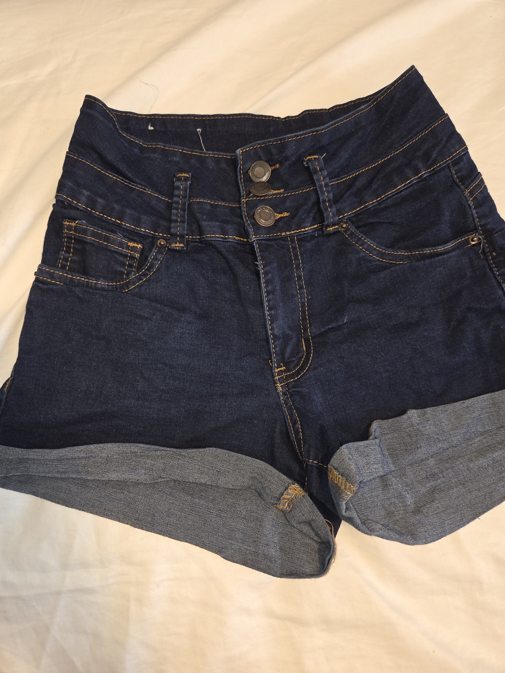 High-Rise Dark Blue Denim Roll-Cuff Women's Shorts